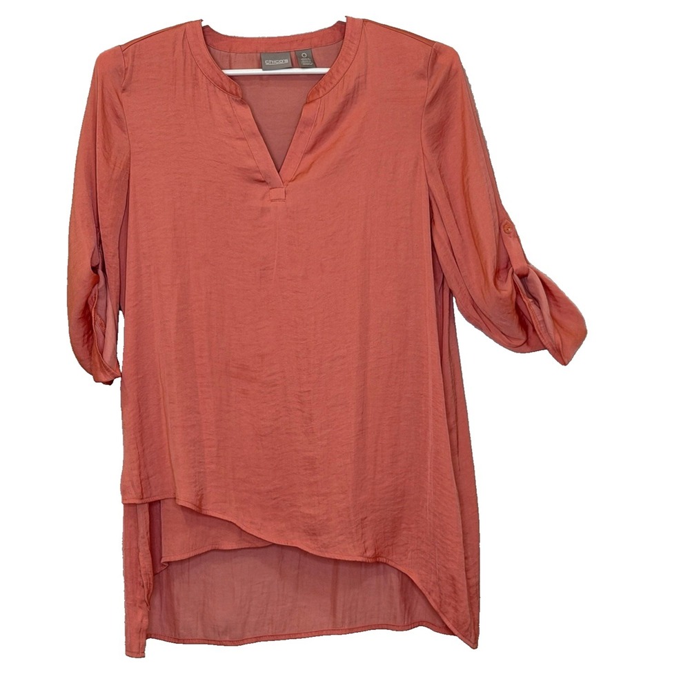 Chico's Tunic Top Womens Sz 0 US Small Orange 3/4 Tab Sleeve V-Neck Asymmetrical